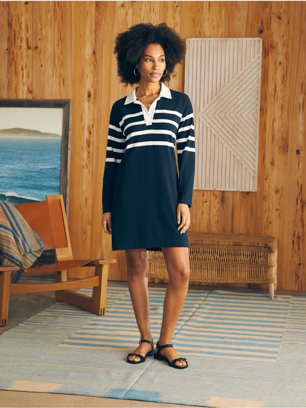 NWT Faherty Rugby Jersey Dress Cape Stripe - Navy & White Polo Dress - Picture 2 of 6